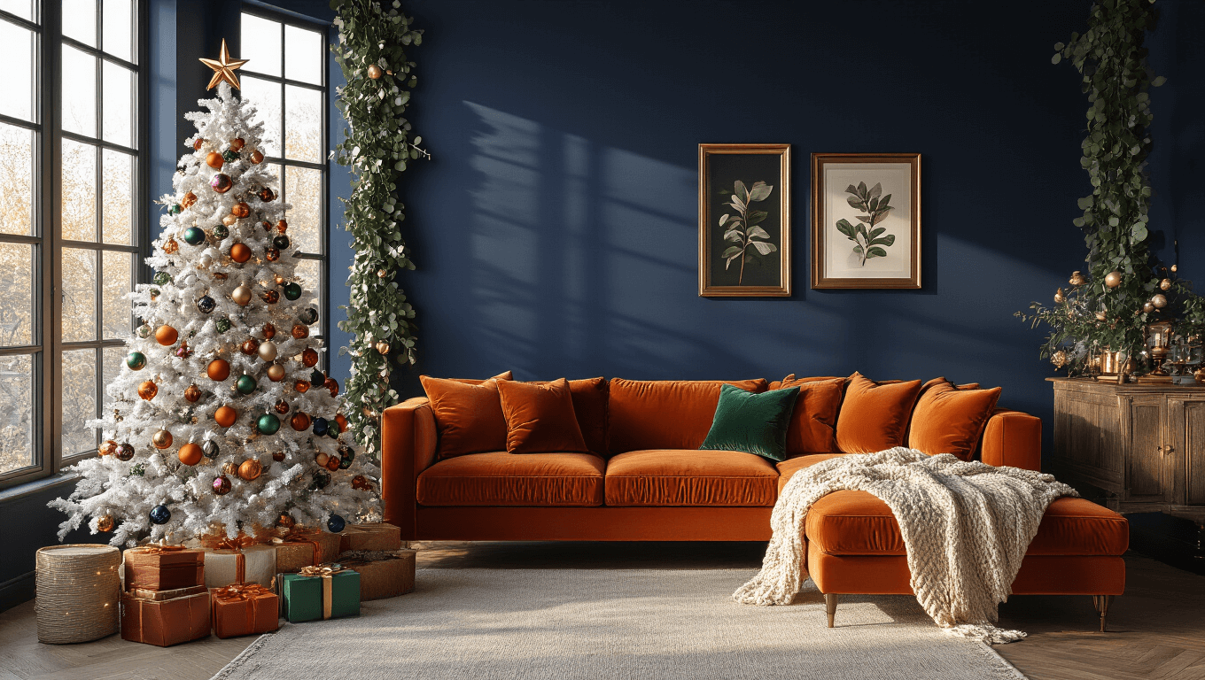 A luxurious maximalist Christmas living room featuring deep navy walls, a burnt orange velvet sectional sofa, a modern white geometric Christmas tree with vibrant glass ornaments, and warm golden hour light illuminating the space.
