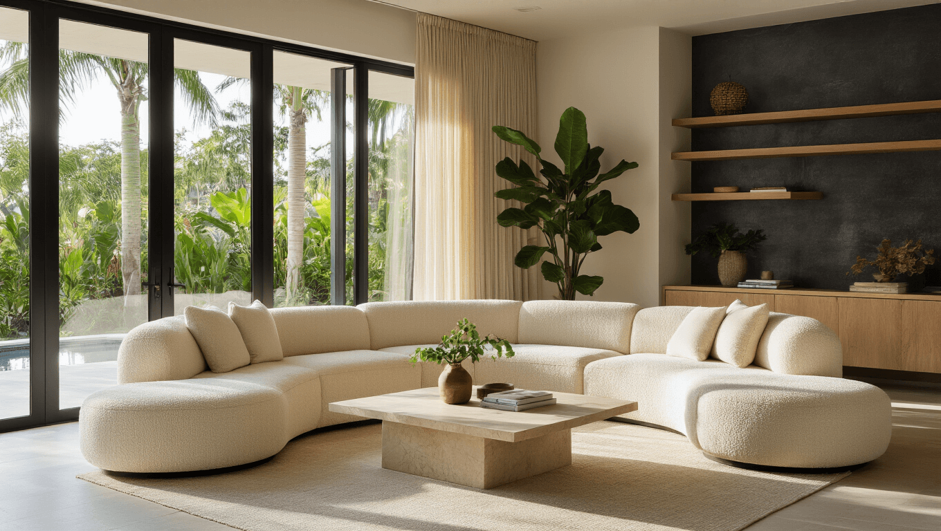Modern Florida living room with a curved bouclé sectional, honed limestone coffee table, bleached oak shelves, and floor-to-ceiling glass doors, enhanced by afternoon sunlight, lush greenery, and rich textures for a relaxed coastal luxury feel.