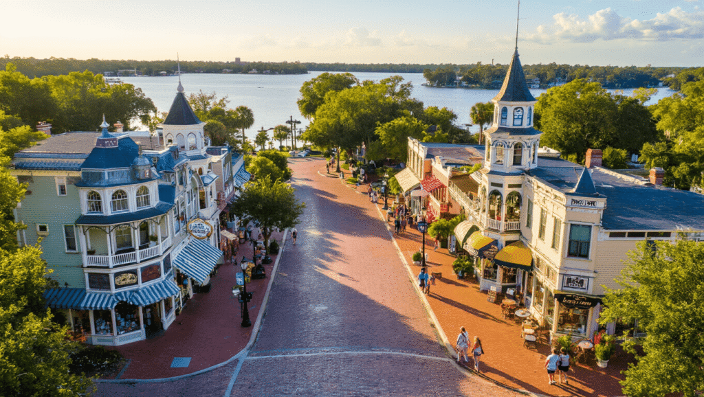Discover Mount Dora: Florida's Most Enchanting Hidden Downtown Gem (That Most Tourists Never Find!) "Aerial view of Mount Dora's historic downtown, featuring Victorian Queen Anne architecture, the iconic Lakeside Inn, antique shops, boutiques, Lake Dora, Donnelly Park, cobblestone streets, tourists, and an old Florida charm atmosphere with modern energy"