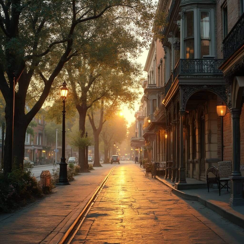 Victorian Queen Anne architecture in downtown Mount Dora during golden hour with detailed building facades, wrought-iron railings, manicured street trees, and vintage streetlamps