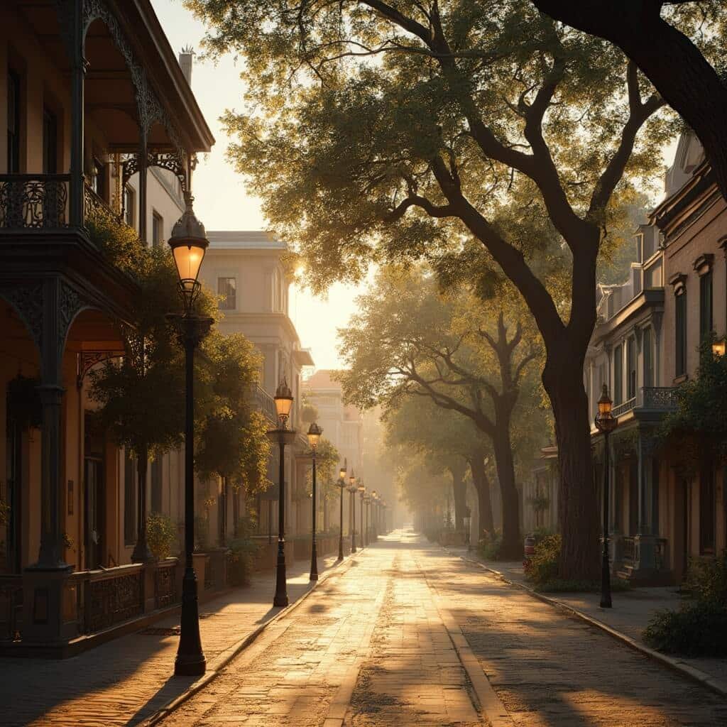 Ultra-sharp photo of Mt. Dora's historic downtown Fourth Avenue, highlighting Victorian Queen Anne buildings and street trees in soft amber light at golden hour.