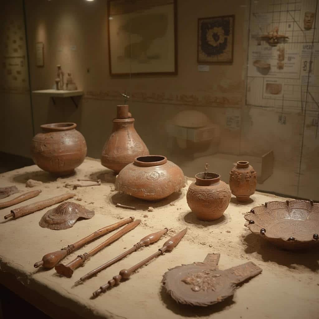 Close-up image of Native American artifacts including copper tools and intricate pottery under soft museum lighting, with archaeological measurement grid in the background, all captured with forensic precision in a neutral color palette for historical authenticity.