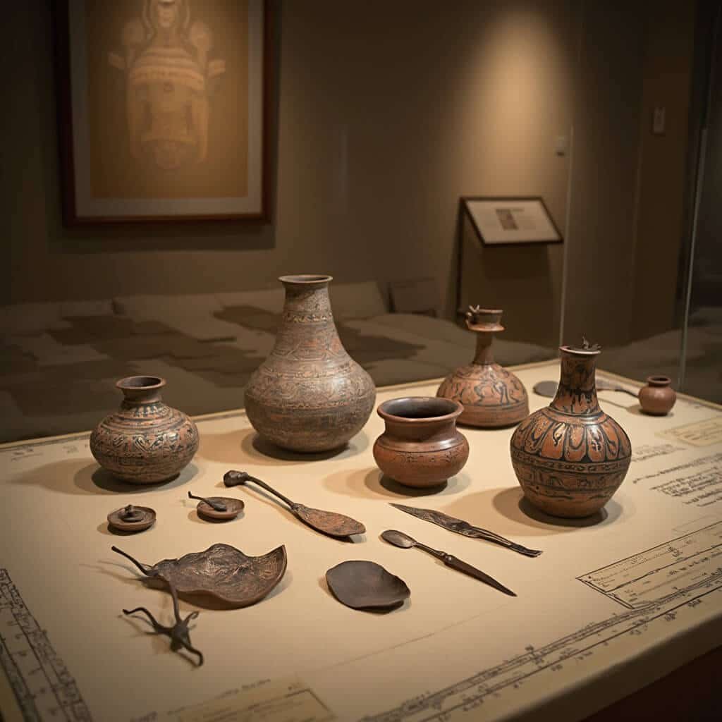 Close-up of Native American artifacts, including copper tools and intricately designed pottery, displayed on a museum table under soft lighting, with an archaeological measurement grid in the background.