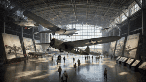 "Interior of the National Naval Aviation Museum, Pensacola, featuring suspended WWII aircraft including a prominent SBD-2 Dauntless dive bomber, a PBY Catalina seaplane, a TDR1 drone, and exhibit panels lit by natural light streaming through hangar windows"
