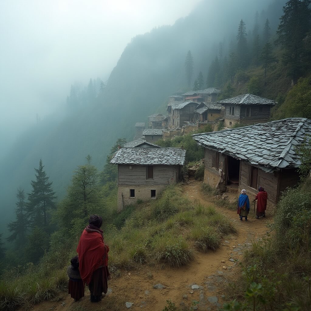 Traditional Nepalese mountain village featuring wooden terraced houses, villagers in woolen attire working in fields, under soft morning light filtering through a pine forest background
