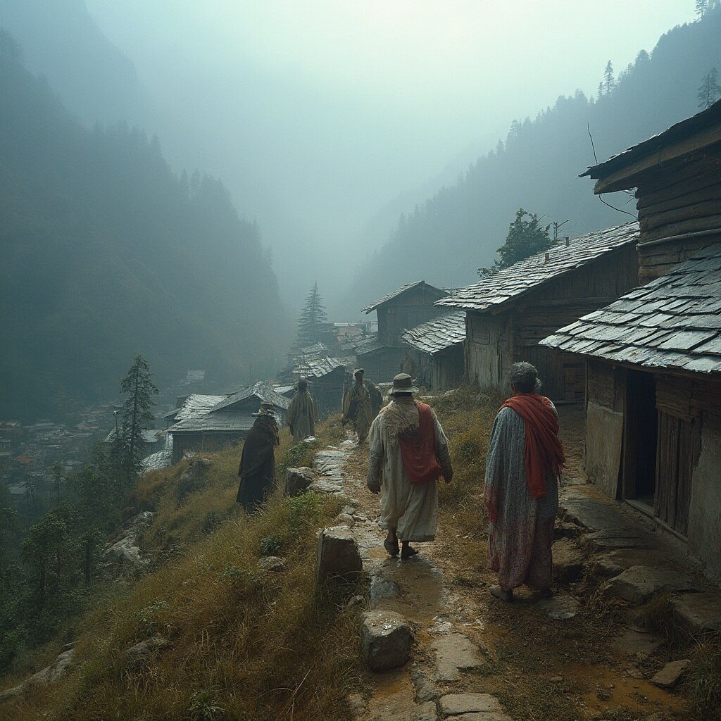 Nepalese villagers in traditional attire working in terraced farm fields beside wooden houses in a mountain village under soft morning light