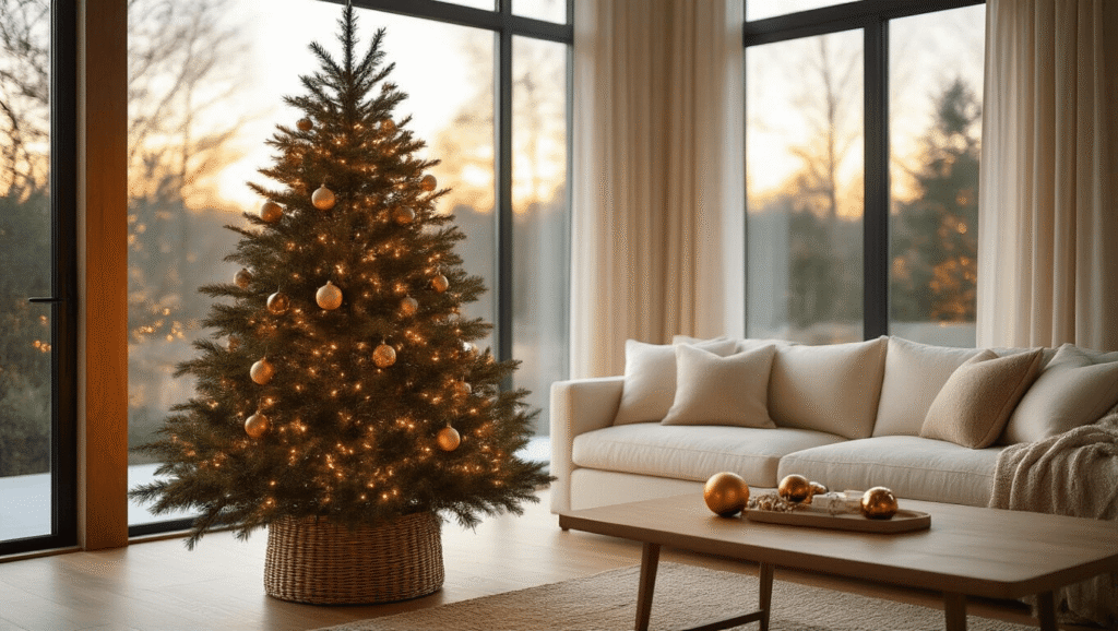 Photorealistic image of a modern living room decorated for Christmas, featuring a Norfolk Island Pine tree in a woven basket with warm white lights and copper ornaments, illuminated by golden hour light filtering through floor-to-ceiling windows, casting a warm glow on hardwood floors and a cream linen sofa.