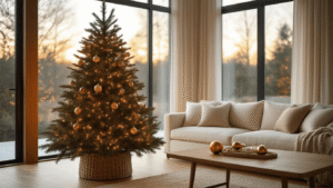 Photorealistic image of a modern living room decorated for Christmas, featuring a Norfolk Island Pine tree in a woven basket with warm white lights and copper ornaments, illuminated by golden hour light filtering through floor-to-ceiling windows, casting a warm glow on hardwood floors and a cream linen sofa.