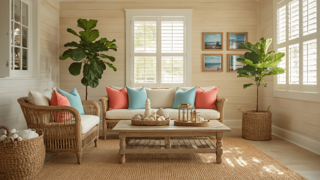 Old Florida Style: How I Brought Vintage Coastal Charm Into My Home Cinematic wide shot of a sun-drenched Old Florida living room featuring a vintage rattan sofa with coral and seafoam pillows, a distressed cypress coffee table with seashells, sandy beige shiplap walls, and warm golden hour lighting filtering through plantation shutters.