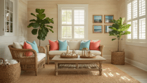 Cinematic wide shot of a sun-drenched Old Florida living room featuring a vintage rattan sofa with coral and seafoam pillows, a distressed cypress coffee table with seashells, sandy beige shiplap walls, and warm golden hour lighting filtering through plantation shutters.