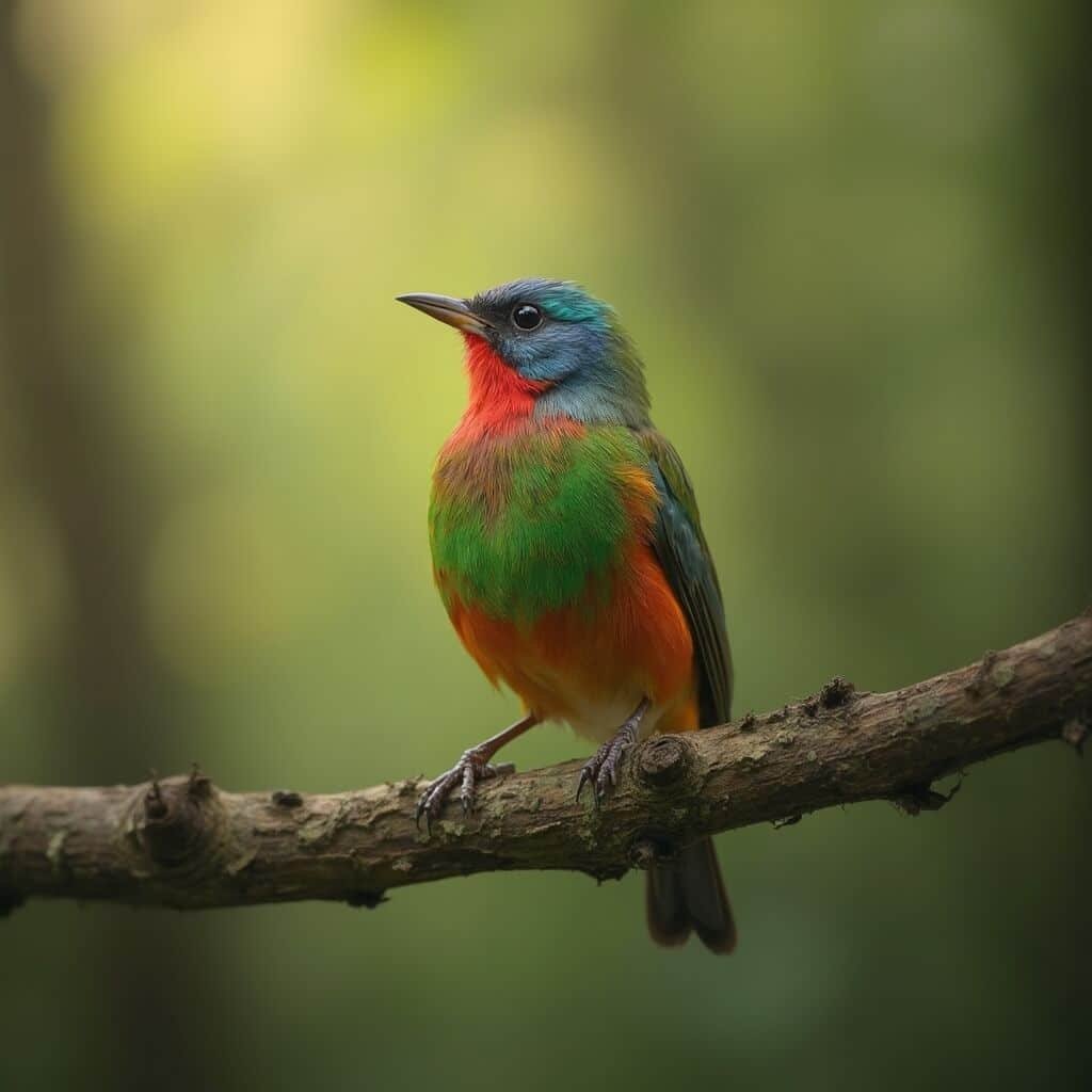 Painted bunting perched on cypress branch with detailed feather texture and a soft bokeh background of a forest canopy