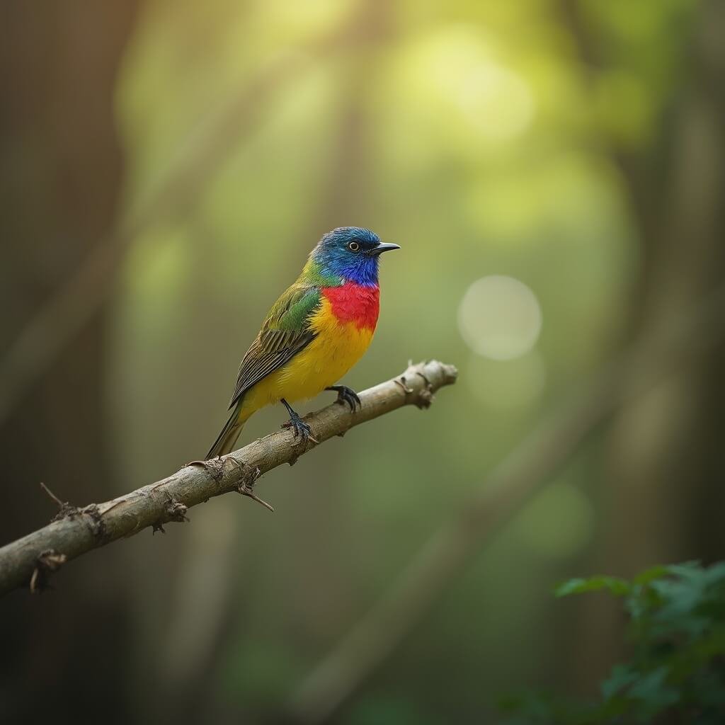 Painted bunting perched on a cypress branch with sharp feather details, set against a soft bokeh forest backdrop illuminated by dappled sunlight