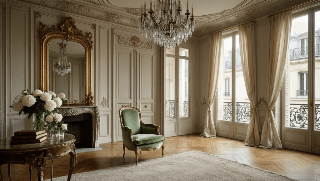 How to Create an Article Outline for a Home Decor Blog Post Cinematic view of a luxurious Parisian apartment salon featuring an ornate plaster ceiling, vintage Louis XVI chair in sage velvet, gilded mirror, crystal chandelier, and elegant decor with fresh white peonies, all illuminated by warm morning light.