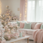 A photorealistic pastel Christmas living room featuring a white flocked tree decorated with blush pink, mint green, and lavender ornaments, a cream velvet sectional with pastel pillows, vintage milk glass vases, and warm fairy lights creating a cozy, whimsical atmosphere.
