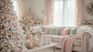 Pastel Christmas Decor: Your Complete Guide to Creating a Dreamy Holiday Wonderland A photorealistic pastel Christmas living room featuring a white flocked tree decorated with blush pink, mint green, and lavender ornaments, a cream velvet sectional with pastel pillows, vintage milk glass vases, and warm fairy lights creating a cozy, whimsical atmosphere.