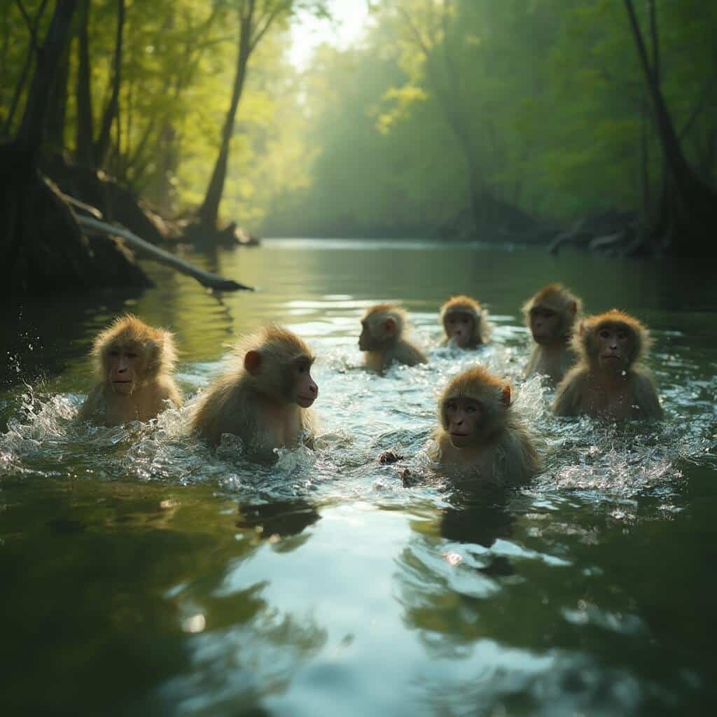 Rhesus macaques swimming in a clear Florida river, surrounded by lush greenery with morning sunlight filtering through cypress trees, showcasing their aquatic abilities in a wide-angle wildlife photograph