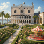 "Venetian Gothic mansion Ca' d'Zan on Sarasota Bay, surrounded by gardens and a miniature circus model, with classical art museum galleries and palm trees in the background at the Ringling Museum, Florida."