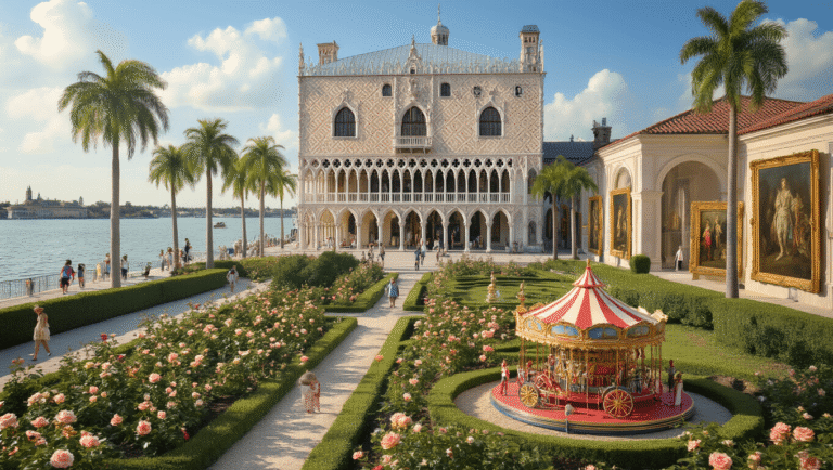 "Venetian Gothic mansion Ca' d'Zan on Sarasota Bay, surrounded by gardens and a miniature circus model, with classical art museum galleries and palm trees in the background at the Ringling Museum, Florida."