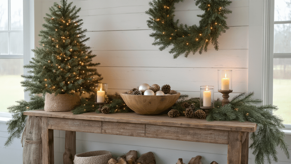 Christmas Entryway Table Decor That Actually Makes Your Guests Say "Wow" Rustic farmhouse Christmas entryway table decorated with a pre-lit tree, cedar garland, vintage dough bowl filled with ornaments and pinecones, and flickering hurricane candles, bathed in soft morning light.