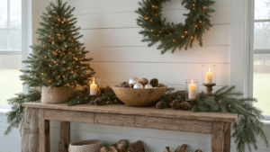 Christmas Entryway Table Decor That Actually Makes Your Guests Say "Wow" Rustic farmhouse Christmas entryway table decorated with a pre-lit tree, cedar garland, vintage dough bowl filled with ornaments and pinecones, and flickering hurricane candles, bathed in soft morning light.