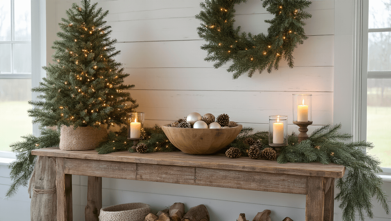 Rustic farmhouse Christmas entryway table decorated with a pre-lit tree, cedar garland, vintage dough bowl filled with ornaments and pinecones, and flickering hurricane candles, bathed in soft morning light.