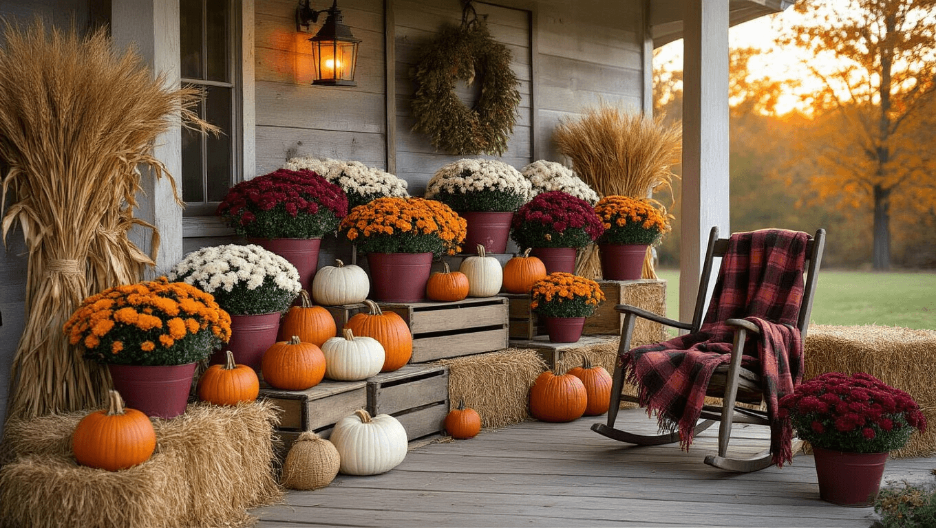 Cinematic rustic farmhouse front porch during golden hour, adorned with heirloom pumpkins, burgundy mums, galvanized milk pails, warm lanterns, and cozy decor, evoking a welcoming autumn atmosphere.