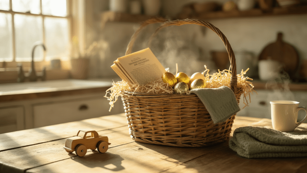 Easter Basket Ideas That'll Make You the Hero of Spring A rustic farmhouse kitchen bathed in golden morning light featuring a distressed wire Easter basket overflowing with a vintage children's book spine, a handcrafted wooden toy car, rolled sage socks, and foil-wrapped chocolate eggs, all set against a soft-focus background with exposed beams.