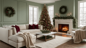 Christmas Living Room Decor: Transform Your Space Into a Festive Haven Cozy Christmas living room with sage green walls, elegant cream sectional, pre-lit noble fir tree adorned with vintage glass ornaments, white marble fireplace with pine garland, and warm golden hour lighting.