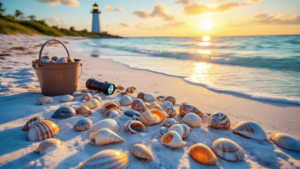 "Golden sunrise illuminating scattered seashells on Sanibel Island beach with a lighthouse in the background and shell collector's bucket and flashlight in the foreground."
