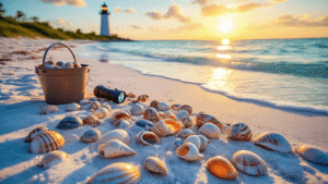 "Golden sunrise illuminating scattered seashells on Sanibel Island beach with a lighthouse in the background and shell collector's bucket and flashlight in the foreground."