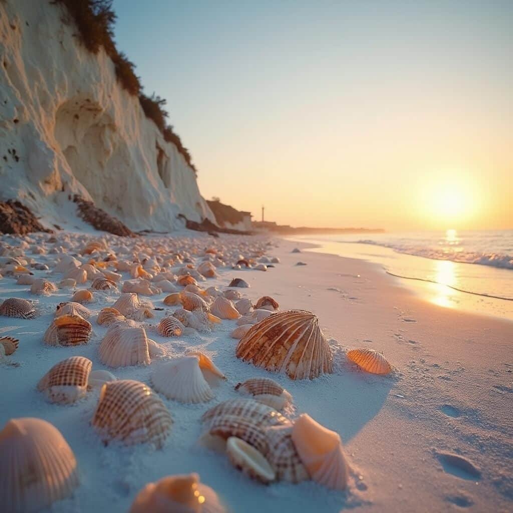 Golden hour sunrise over Sanibel Island featuring detailed seashells on white sandy beaches, showcasing unique shell-collecting geology, taken with Canon EF 70-200mm f/2.8 at a low angle. Soft warm colors emphasize the depth of field.