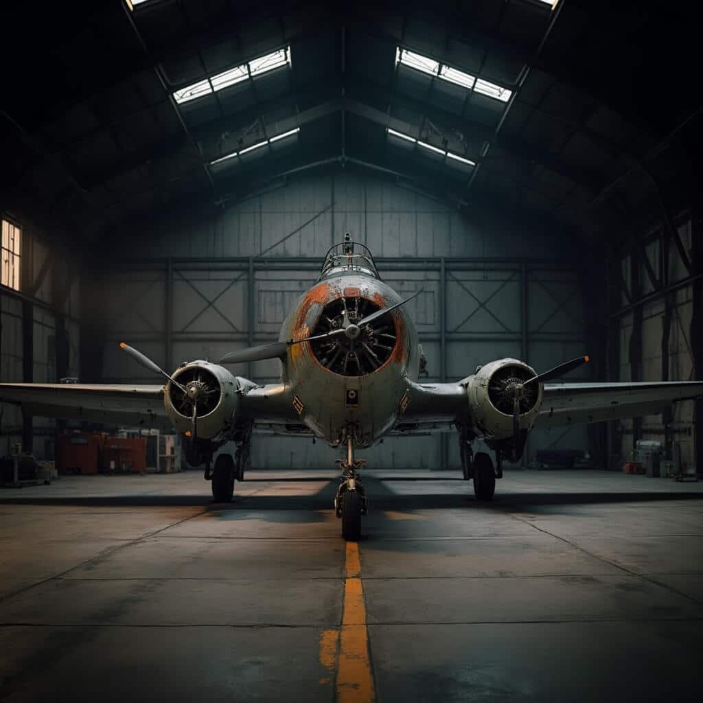 Restored SBD-2 Dauntless dive bomber on display in a museum hangar, captured from a low angle in soft light emphasizing its historical significance, minute details of original paint, wear marks, and precision engineering.
