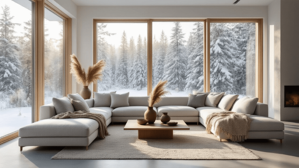 Christmas Apartment Decor: Tips and Ideas for a Festive Home Cinematic view of a cozy Scandinavian living room with white oak furniture and gray linen sectional, featuring large windows showcasing a snow-dusted pine forest, morning light illuminating polished concrete floors, accented with wool throws and minimalist decor.