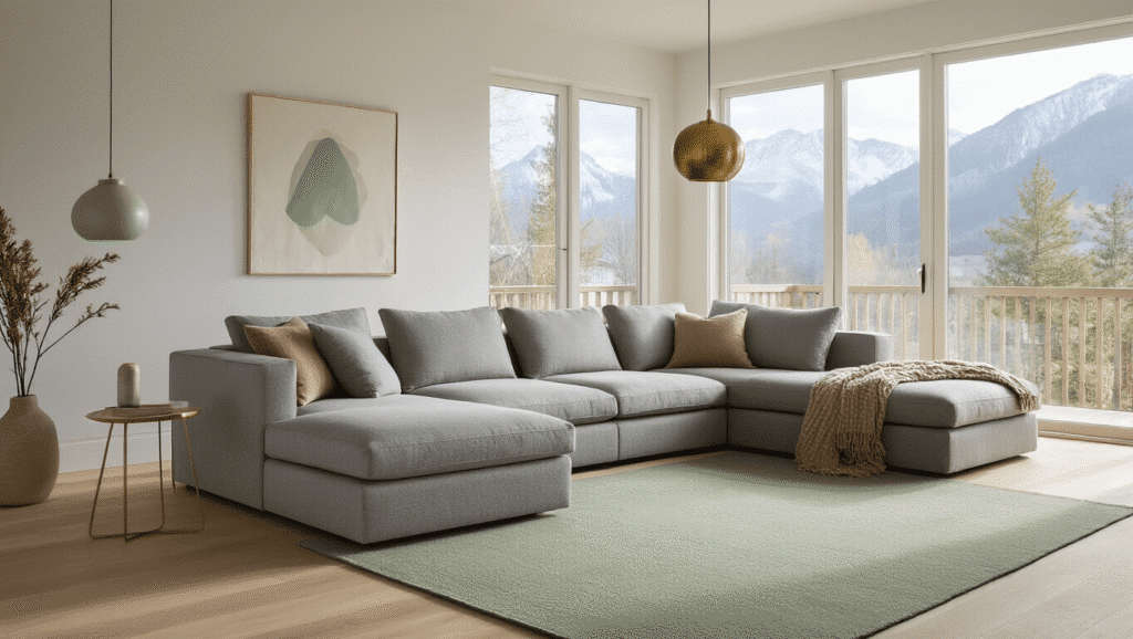 Comprehensive Spring Home Decor Guide Cinematic wide-angle shot of a Scandinavian minimalist living room featuring a dove gray sectional sofa, pale oak floors, and mountain views through floor-to-ceiling windows, illuminated by soft morning sunlight, with mid-century pendant lighting and a geometric sage green rug.
