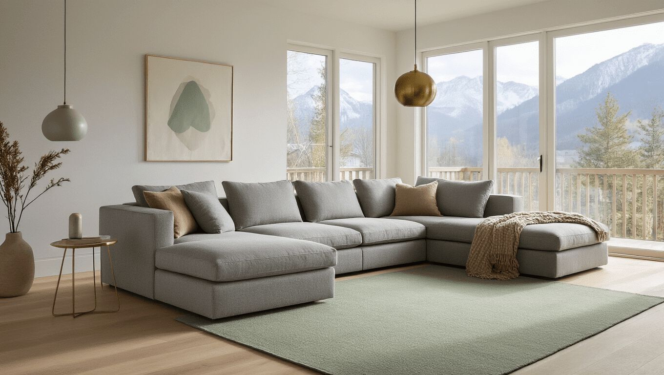 Cinematic wide-angle shot of a Scandinavian minimalist living room featuring a dove gray sectional sofa, pale oak floors, and mountain views through floor-to-ceiling windows, illuminated by soft morning sunlight, with mid-century pendant lighting and a geometric sage green rug.