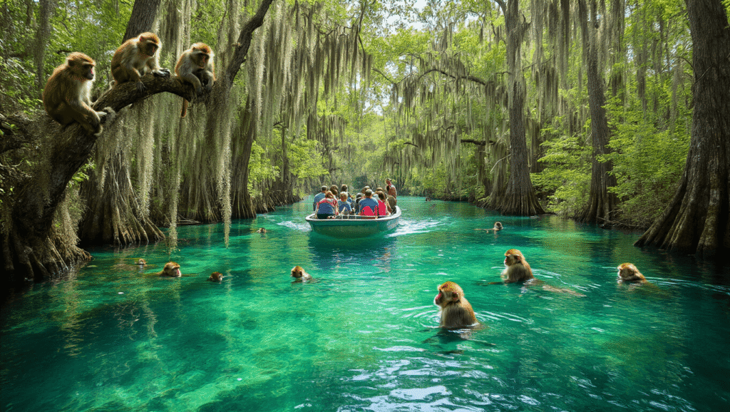 Wild Monkeys of Silver Springs: The Shocking Truth Behind Florida's Most Bizarre Tourist Attraction "Tourists in a glass-bottom boat observing wild rhesus macaques swimming and climbing in the surrounding trees at Silver Springs, Florida."