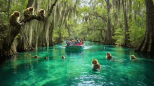Wild Monkeys of Silver Springs: The Shocking Truth Behind Florida's Most Bizarre Tourist Attraction "Tourists in a glass-bottom boat observing wild rhesus macaques swimming and climbing in the surrounding trees at Silver Springs, Florida."