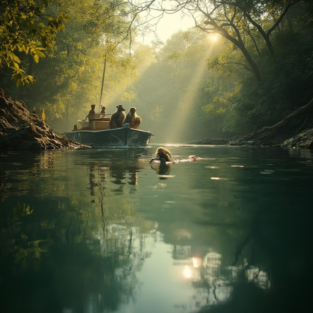Glass-bottom boat cruising Silver Springs with close-up views of wild monkeys on the riverbank, amid dense tropical foliage, illustrating interaction with native Florida ecosystem