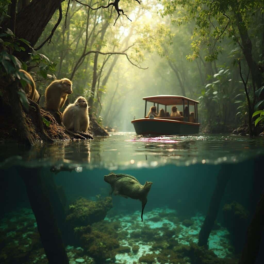 Glass-bottom boat in Silver Springs showcasing wild monkeys on the riverbank amid lush tropical foliage, illustrating intricate ecological interactions and primate behaviors in Florida's ecosystem under soft golden lighting