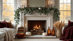 Your Fall Fireplace Mantel Isn't Working—Let Me Show You Why Sophisticated fall fireplace mantel adorned with eucalyptus garland, velvet pumpkins, brass candlesticks, and leather-bound books, illuminated by warm golden hour lighting, creating a cozy atmosphere.