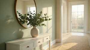 Spring Decor Ideas That'll Actually Make Your Home Feel Fresh (No Easter Bunny Required) Ultra-realistic spring entryway featuring a white console table with a ceramic vase of eucalyptus, sage green accent wall, light hardwood floors, round brass-framed mirror, and woven jute runner, all illuminated by soft natural light for an inviting, serene atmosphere.