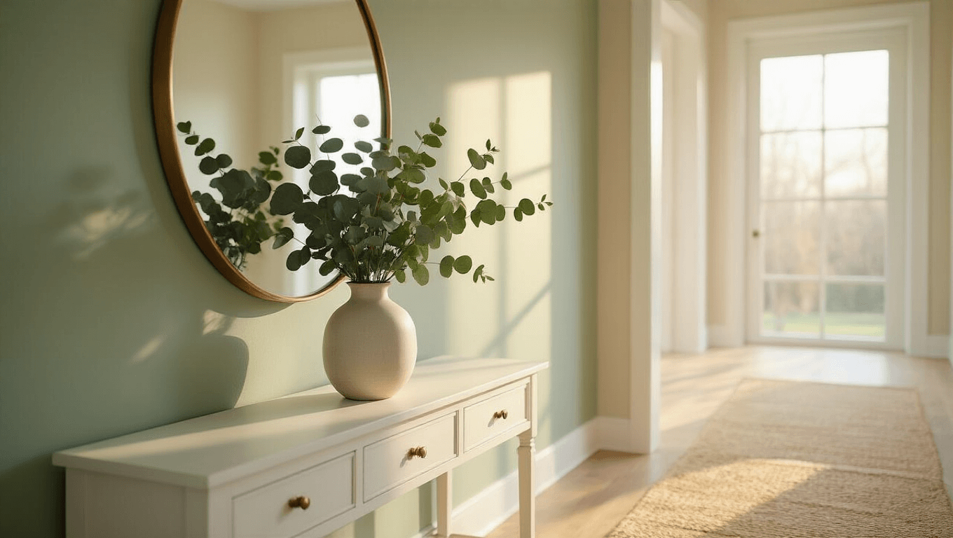 Ultra-realistic spring entryway featuring a white console table with a ceramic vase of eucalyptus, sage green accent wall, light hardwood floors, round brass-framed mirror, and woven jute runner, all illuminated by soft natural light for an inviting, serene atmosphere.