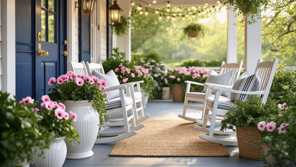 Spring Porch Decor: 25 Ideas That'll Make Your Neighbors Stop and Stare Ultra-realistic spring porch scene at golden hour featuring a navy blue front door, white ceramic planters with pink pansies, vintage rocking chairs, and overhead string lights, evoking Southern charm.