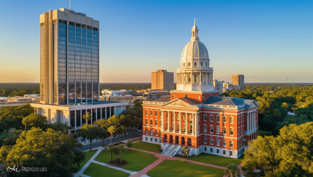 "Florida's State Capitol complex in Tallahassee, with a modern 22-story glass tower next to the historic red-brick building with a white dome, both highlighted by warm golden hour sunlight against a blue sky; surrounding greenery and city skyline visible in the backdrop."