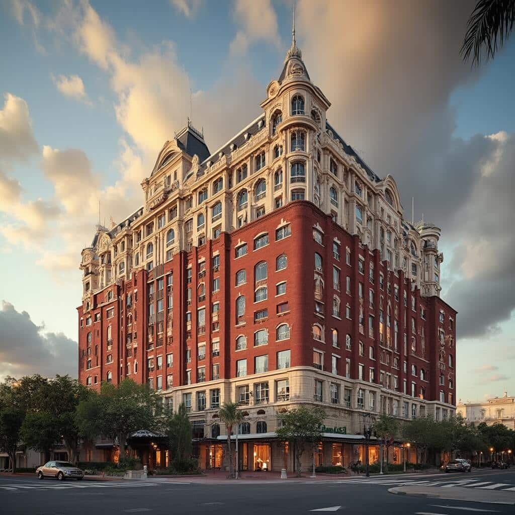 Dramatic late afternoon shot of Tampa Bay Hotel's brick-red Victorian architecture with white trim, under a sky with scattered clouds