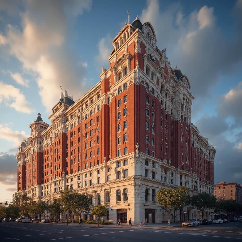 Dramatic exterior view of the red-brick Tampa Bay Hotel with white architectural trim, detailed Victorian designs highlighted by late afternoon sunlight, against a dramatic sky with scattered clouds, captured in a wide-angle lens.