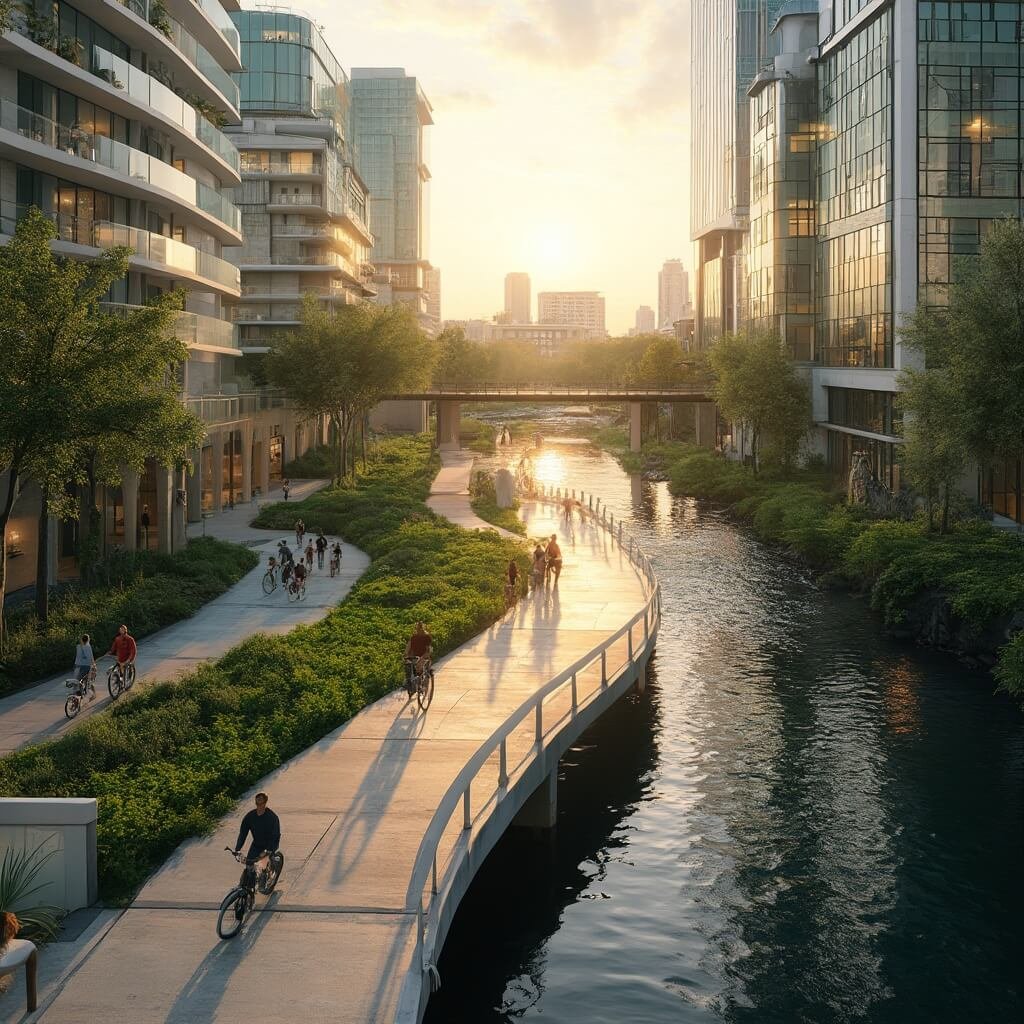 Golden hour view of Tampa's Riverwalk showing intricate urban design, modern architecture, lush landscapes, and dynamic movement of joggers and cyclists, highlighted by warm sunlight on glass buildings and sparkling Hillsborough River.