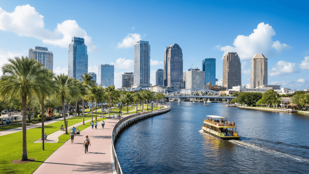 Unlock Tampa's Hidden Urban Paradise: A Walk Through the Unmissable Tampa Riverwalk "Vibrant daytime view of Tampa's Riverwalk with people enjoying the path, downtown Tampa's modern skyline in the background, colorful public art installations, a Pirate Water Taxi on Hillsborough River, and Curtis Hixon Waterfront Park's green space under bright Florida sunshine and clear blue skies."