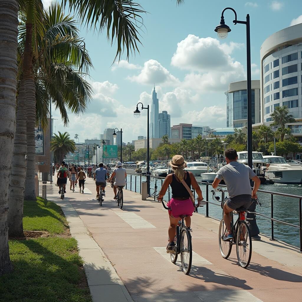 Multicultural urban scene at Tampa's Riverwalk, showcasing diverse activities like cycling, jogging, and water taxi commuting against the backdrop of Curtis Hixon Waterfront Park, with prominent public art installations, historic monuments and modern signage in high contrast lighting.