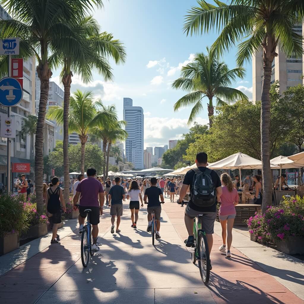 Documentary-style photo depicting diverse urban dwellers at Tampa's Curtis Hixon Waterfront park, highlighting multicultural energy and social connectivity within the city.